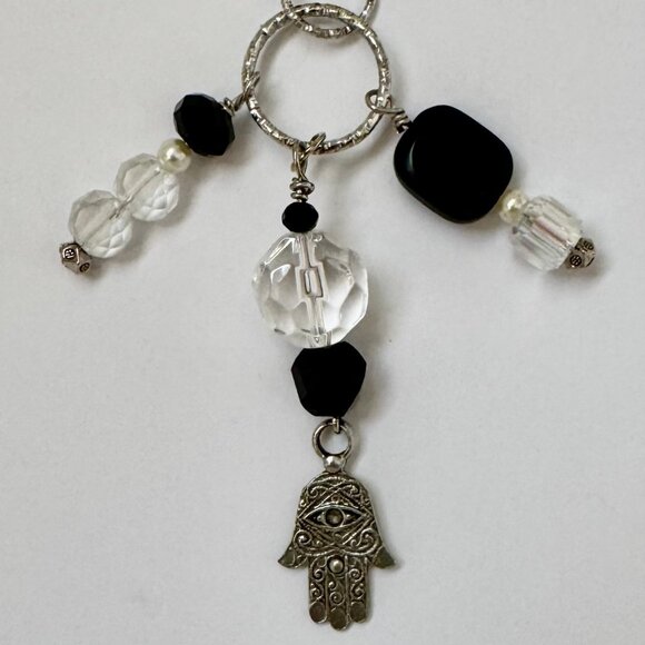 Necklace handmade 3 tier dangle silvertone hamsa clear black glass/beads OOAK - Picture 1 of 9